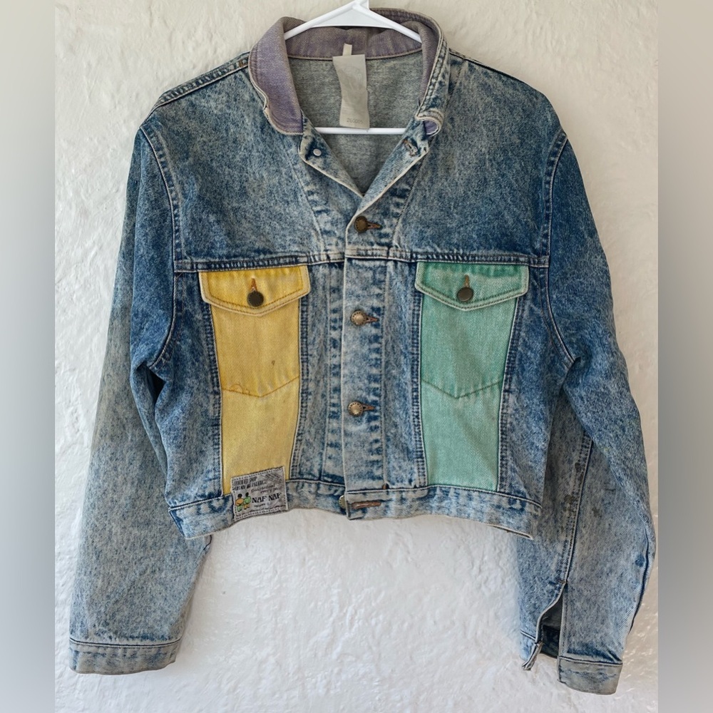 Rare vintage NAF NAF color block cropped denim jacket, yellow, green, purple; 1